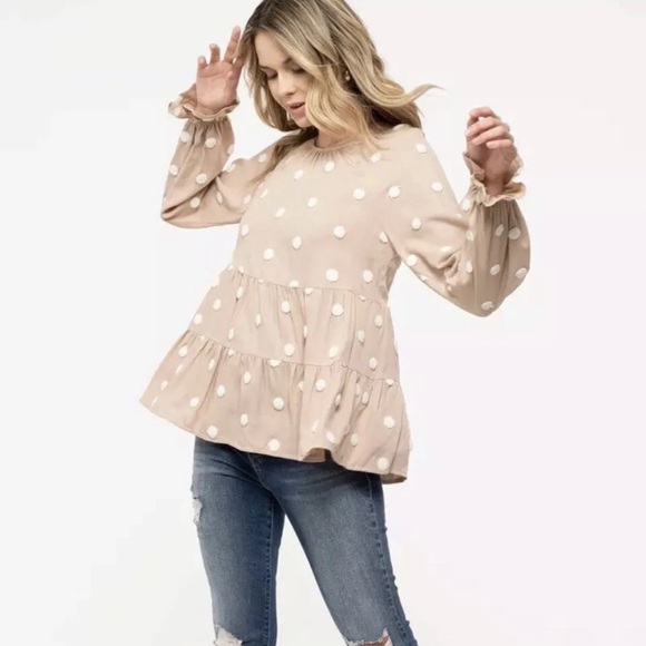 Blu Pepper Tops - Blu Pepper Kaki & Ivory Polka Dot Round Neck Tie Babydoll Top Size Large